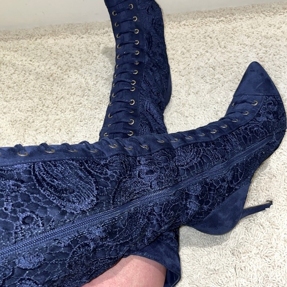 Anika Navy Blue Suede and Lace Stiletto Boots Lace Up Front Detail Side Full Zip - Picture 9 of 14